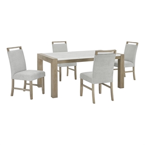 Tabitha 5Pc 66&quotW Rect White Faux Marble Top Dining Set in Light Oak Wood Finish
