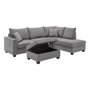 Rowan 107&quotW Dark Gray Corduroy Fabric Sect.Sofa RF Chaise+USB+Strg Ottoman+Plws