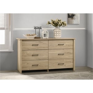 Celeste 57&quotW Light Oak Finish Engineered Wood 6-Drawer Dresser w/Black Handles