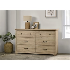 Elara 57&quotW Light Oak Finish Engineered Wood  6-Drawer Dresser with Black Handles