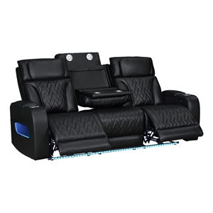 Jazz 84&quot Black Faux Leather Pwr Recl.Sofa w/Pwr Hdrst+LED+Wrls Chrg+USB+Cuphldrs