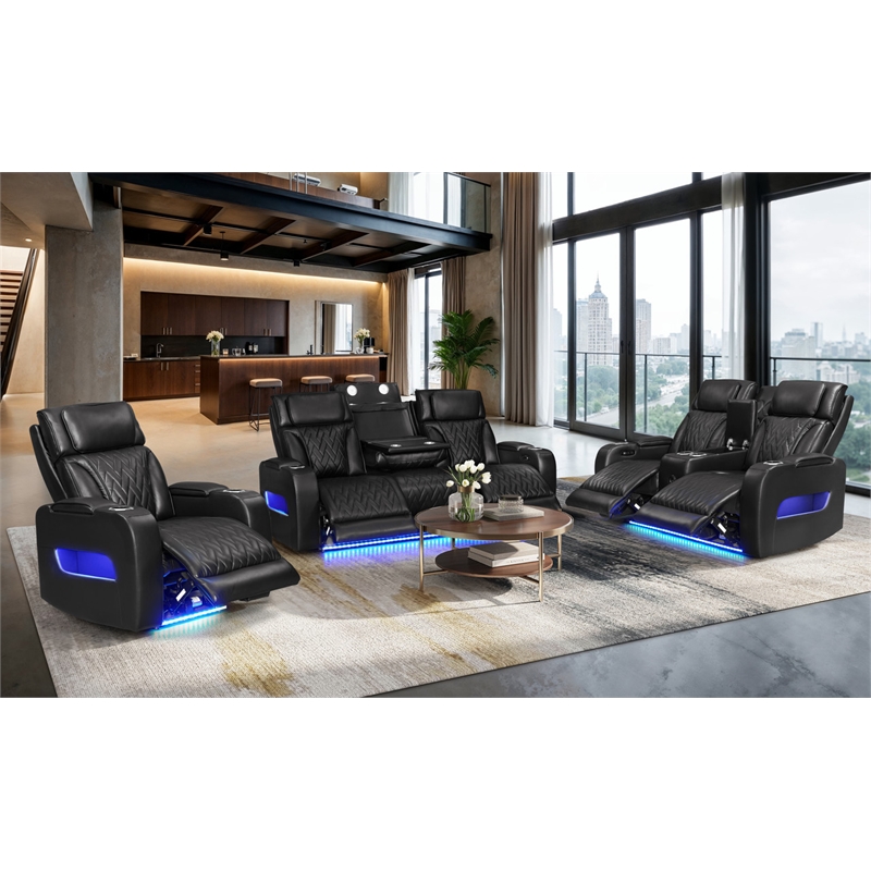 Jazz Black Faux Leather Pwr Recl. 3PC Set+BT Spkrs+LED+Wrls Chrg+USB+Cuphldrs