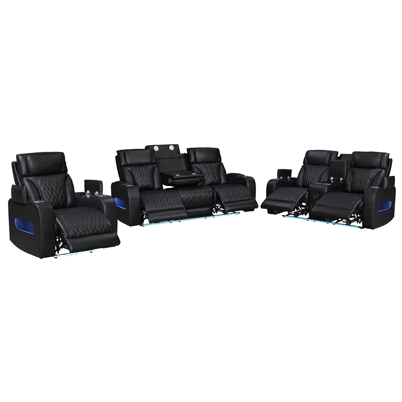 Jazz Black Faux Leather Pwr Recl. 3PC Set+BT Spkrs+LED+Wrls Chrg+USB+Cuphldrs