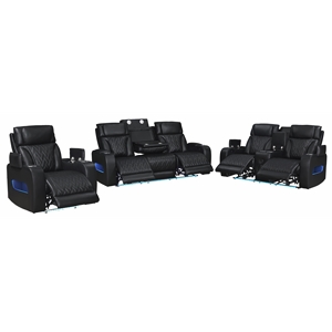 Jazz Black Faux Leather Pwr Recl. 3PC Set+BT Spkrs+LED+Wrls Chrg+USB+Cuphldrs