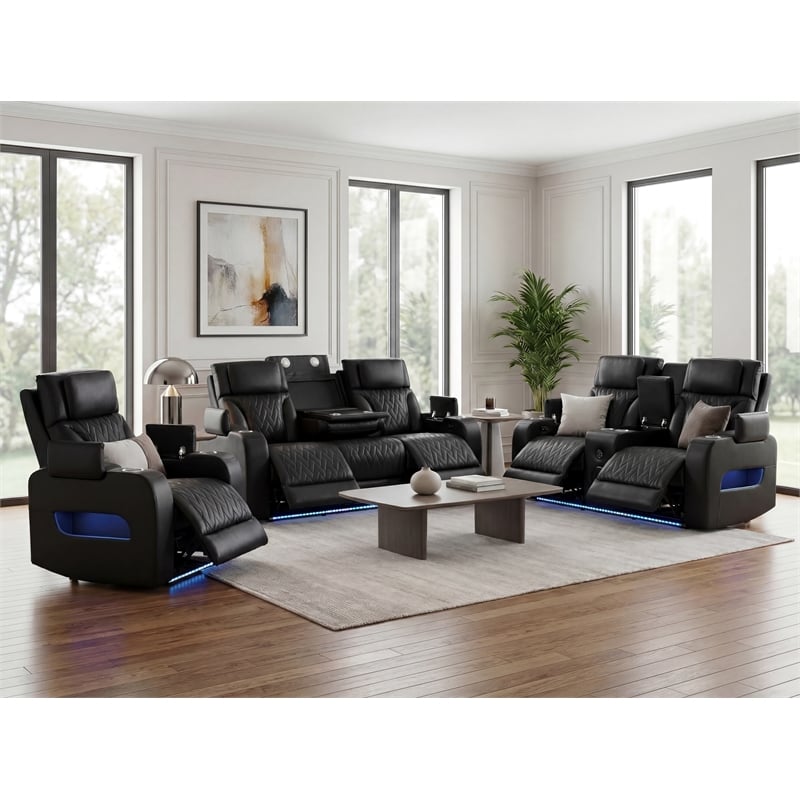 Jazz Black Faux Leather Pwr Recl. 3PC Set+BT Spkrs+LED+Wrls Chrg+USB+Cuphldrs