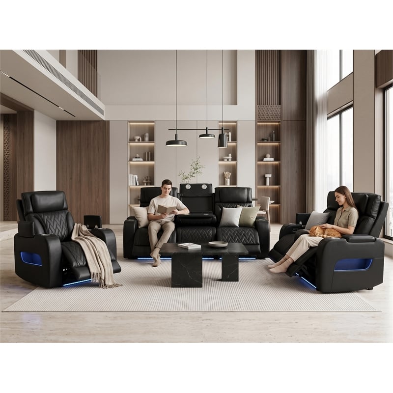 Jazz Black Faux Leather Pwr Recl. 3PC Set+BT Spkrs+LED+Wrls Chrg+USB+Cuphldrs