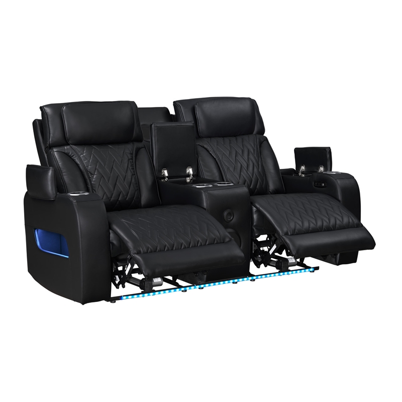 Jazz Black Faux Leather Pwr Recl. 3PC Set+BT Spkrs+LED+Wrls Chrg+USB+Cuphldrs