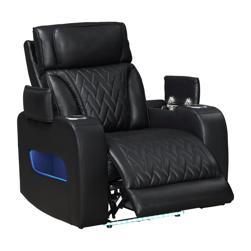 Jazz Black Faux Leather Pwr Recl. 3PC Set+BT Spkrs+LED+Wrls Chrg+USB+Cuphldrs