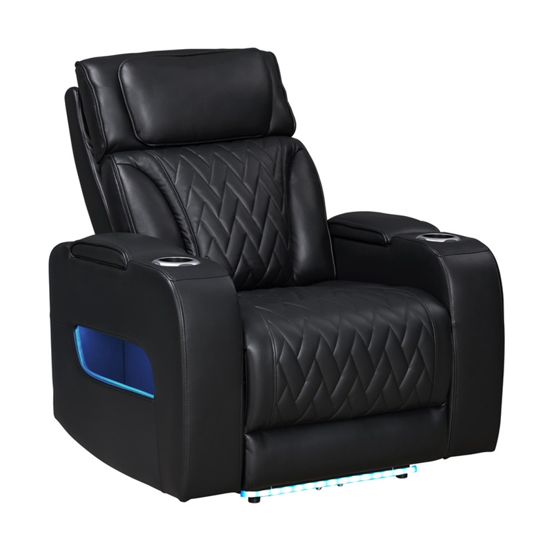 Jazz Black Faux Leather Pwr Recl. 3PC Set+BT Spkrs+LED+Wrls Chrg+USB+Cuphldrs