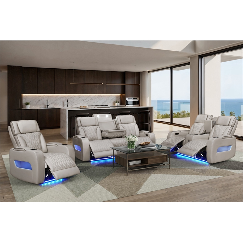 Jazz White Faux Leather Pwr Recl. 3PC Set+BT Spkrs+LED+Wrls Chrg+USB+Cuphldrs
