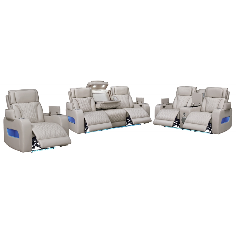 Jazz White Faux Leather Pwr Recl. 3PC Set+BT Spkrs+LED+Wrls Chrg+USB+Cuphldrs