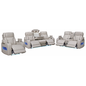 Jazz White Faux Leather Pwr Recl. 3PC Set+BT Spkrs+LED+Wrls Chrg+USB+Cuphldrs