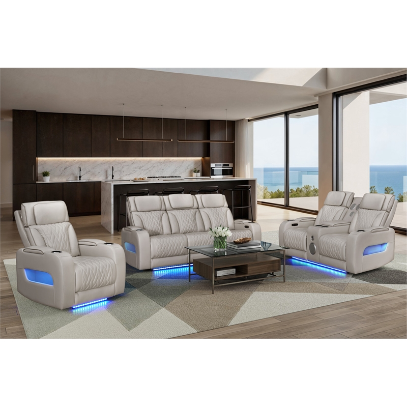 Jazz White Faux Leather Pwr Recl. 3PC Set+BT Spkrs+LED+Wrls Chrg+USB+Cuphldrs