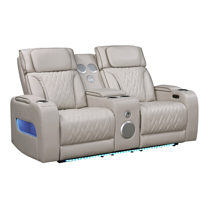 Jazz White Faux Leather Pwr Recl.Sofa LS Set+BT Spkrs+LED+Wrls Chrg+USB+Cuphldrs