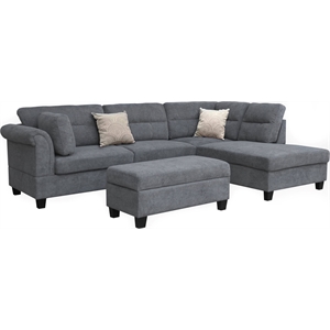 Diego 100&quotW Gray Fabric Sectional Sofa w/RF Chaise+Storage Ottoman+2 Pillows