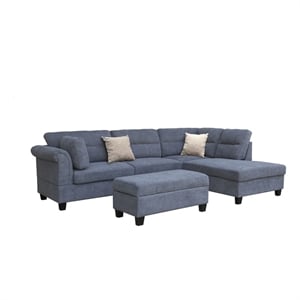 Diego 100&quotW Gray Fabric Sectional Sofa w/RF Chaise+Storage Ottoman+2 Pillows