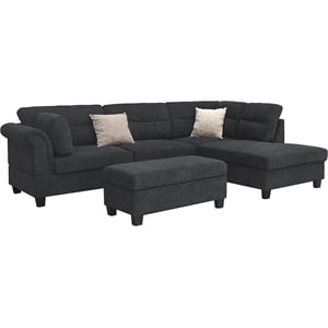 Diego 100&quotW Black Fabric Sectional Sofa w/RF Chaise+Storage Ottoman+2 Pillows