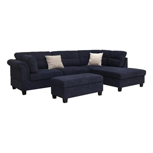 Diego 100&quotW Black Fabric Sectional Sofa w/RF Chaise+Storage Ottoman+2 Pillows