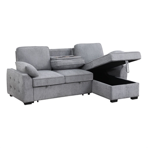 Mackenzie 91&quotW Light Gray Chenille Rev.Sleeper Sect. Storage+Cuphldrs+USB Ports