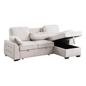 Mackenzie 91&quotW Beige Chenille Rev.Sleeper Sectional Storage+Cuphldrs+USB Ports