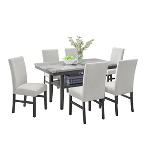 Selena 7Pc 60&quot Rect Gray Faux Marble Wood Top Dining Set w/6 Chairs+Strg Shelf