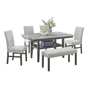 Selena 6Pc 60&quot Rectangular Gray Faux Marble Wood Dining Set w/4 Chairs & Bench
