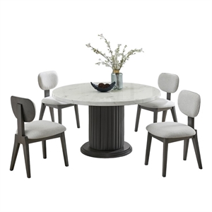 Valencia 5Pc 54&quot Rd White Fx Marble Wood Dng Set w/PVC Uph Ped Base+Lt Gray Chrs