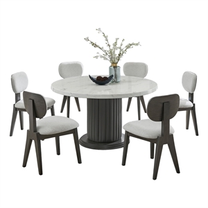 Valencia 7Pc 54&quot Rd White Fx Marble Wood Dng Set w/PVC Uph Ped Base+Lt Gray Chrs