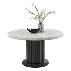 Valencia 54&quot Rd White Faux Marble Dining Tbl w/Gray PVC Pedestal+Gray Wood Base