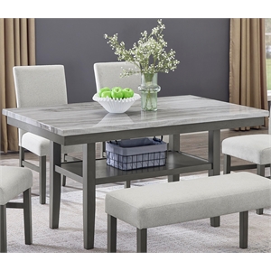Selena 60&quot Gray Faux Marble Top Rect Dining Tbl w/Strg Shelf in Gray Wood Finish