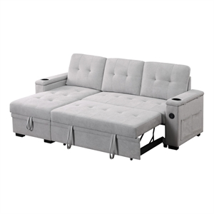 Ashlyn II 84&quotW Gray Fabric Rev.Sleeper Sect.w/Strg+Cuphldrs+USB Ports+Pckt Coil