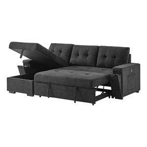 Toby 95&quotW Black Fabric Rev.Sleeper Sect.w/Strg Chaise+Pck Coil+Cuphldrs+USB Port