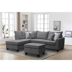 Harmony 99&quotW Gray Fabric Sectional Sofa w/Left-Facing Chaise & Storage Ottoman