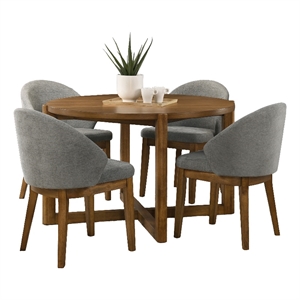 Andrew 5-Pc Round Dining Set-47&quot Walnut Wood Finish Table+4 Lt.Gray Fabric Chrs