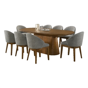 Andrew 9-Pc Oval Dining Set-88&quot Walnut Wood Fin. Tbl+8 Lt.Gray Fabric Chrs