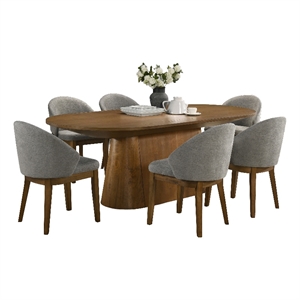 Andrew 7-Pc Oval Dining Set-88&quot Walnut Wood Fin. Tbl+6 Lt.Gray Fabric Chrs