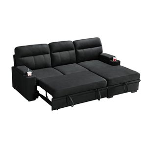 Kaden 91&quot Black Fabric Sleeper Sectional Sofa Chaise with Storage Arms+Cupholder