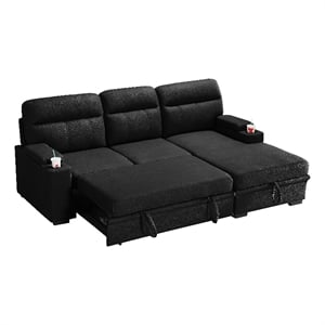 Kaden 93&quot Black Fabric Sleeper Sectional Sofa Chaise with Storage Arms+Cupholder