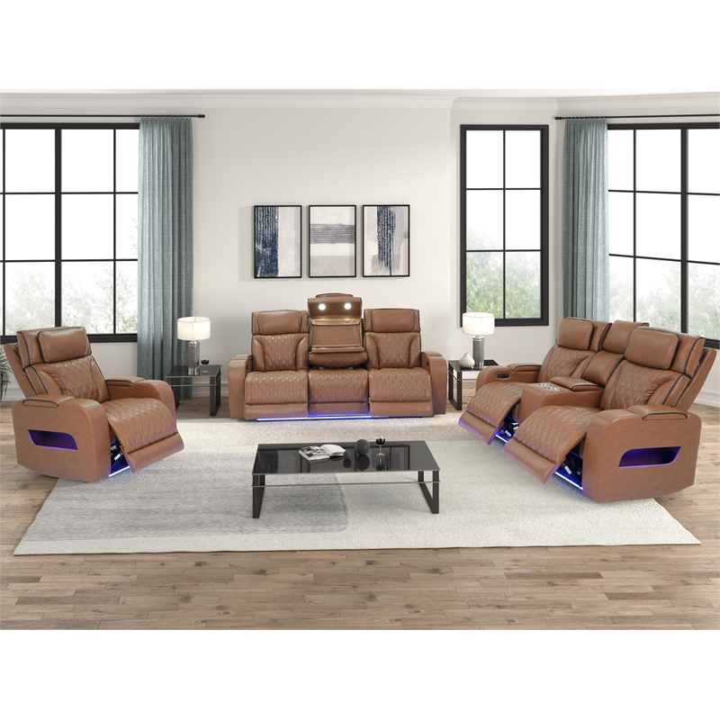 Jazz Lt Brown Faux Leather Pwr Recl. 3PC Set+BT Spkrs+LED+Wrls Chrg+USB+Cuphldrs