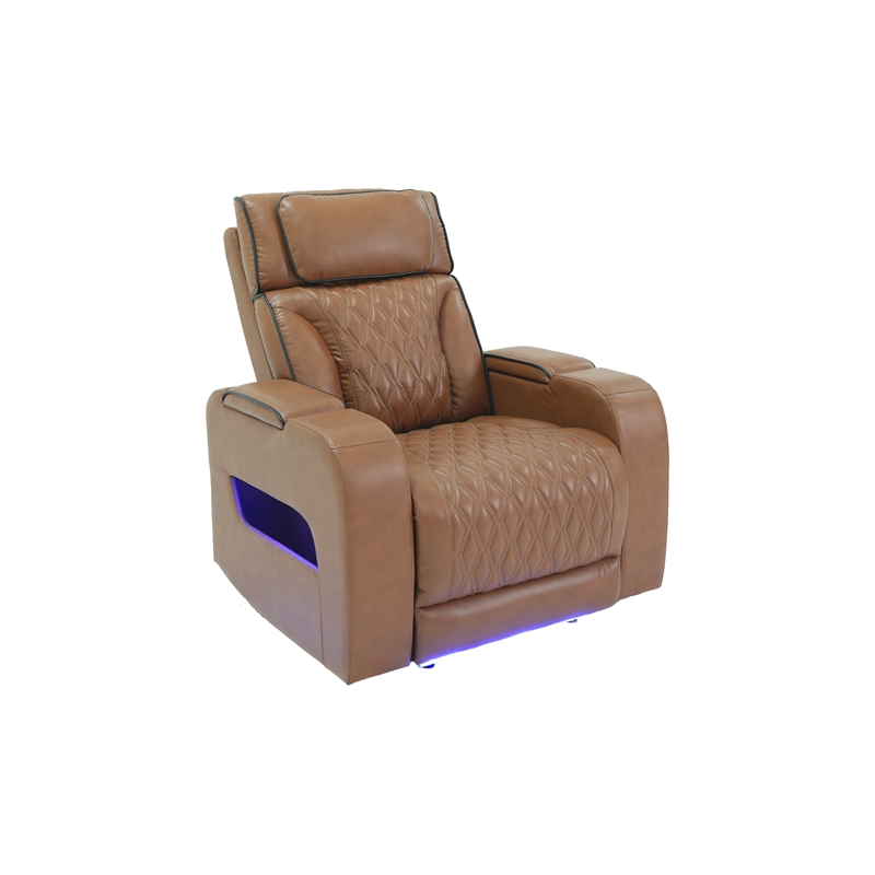 Jazz Lt Brown Faux Leather Pwr Recl. 3PC Set+BT Spkrs+LED+Wrls Chrg+USB+Cuphldrs