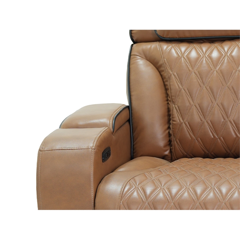 Jazz Lt Brown Faux Leather Pwr Recl. 3PC Set+BT Spkrs+LED+Wrls Chrg+USB+Cuphldrs