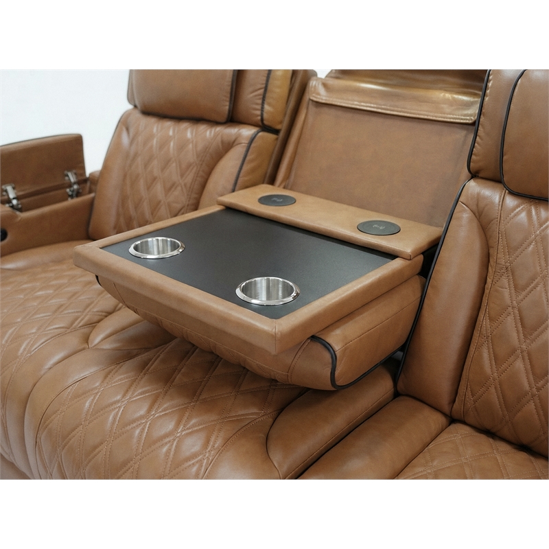 Jazz Lt Brown Faux Leather Pwr Recl. 3PC Set+BT Spkrs+LED+Wrls Chrg+USB+Cuphldrs