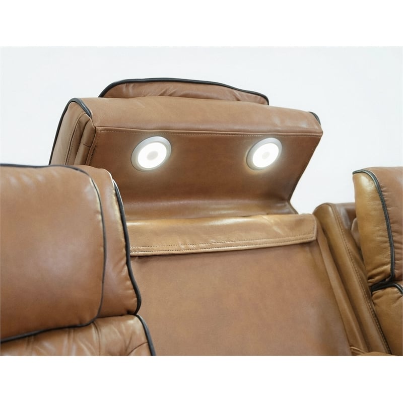 Jazz Lt Brown Faux Leather Pwr Recl. 3PC Set+BT Spkrs+LED+Wrls Chrg+USB+Cuphldrs