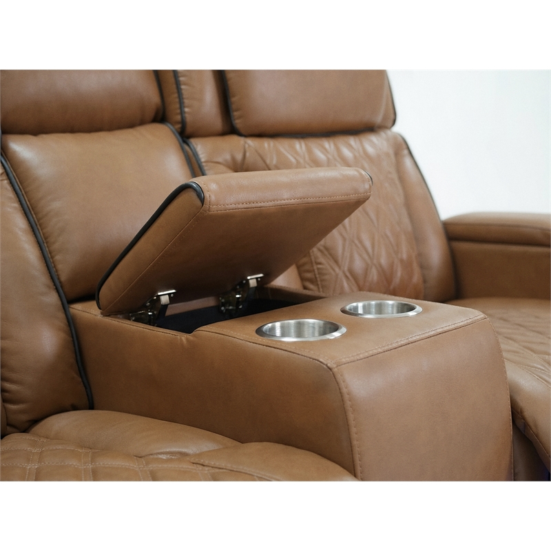 Jazz Lt Brown Faux Leather Pwr Recl. 3PC Set+BT Spkrs+LED+Wrls Chrg+USB+Cuphldrs