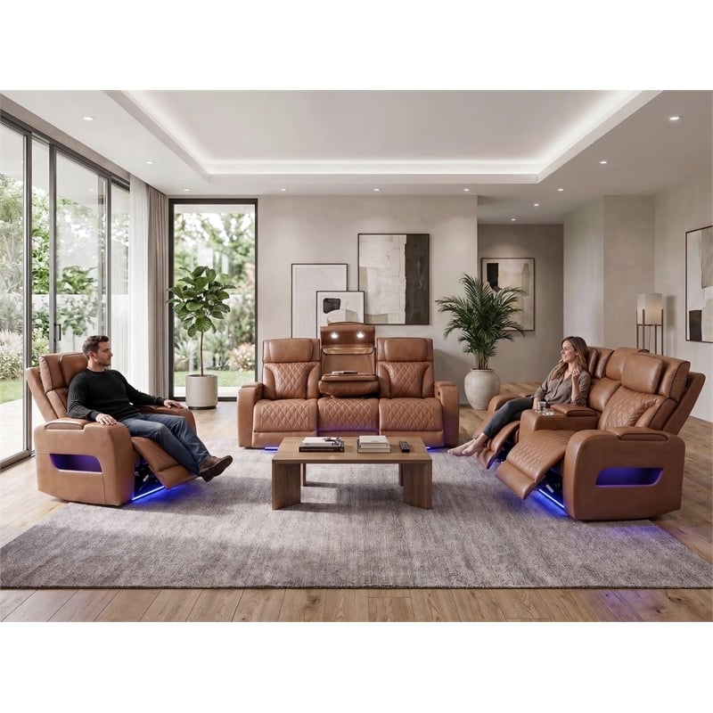 Jazz Lt Brown Faux Leather Pwr Recl. 3PC Set+BT Spkrs+LED+Wrls Chrg+USB+Cuphldrs