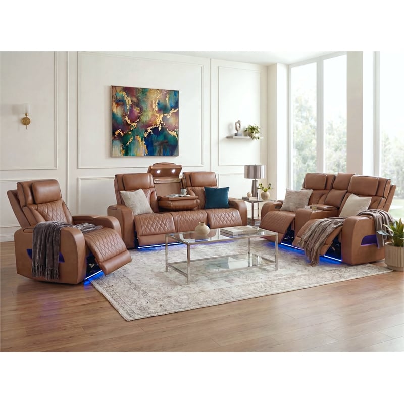 Jazz Lt Brown Faux Leather Pwr Recl. 3PC Set+BT Spkrs+LED+Wrls Chrg+USB+Cuphldrs