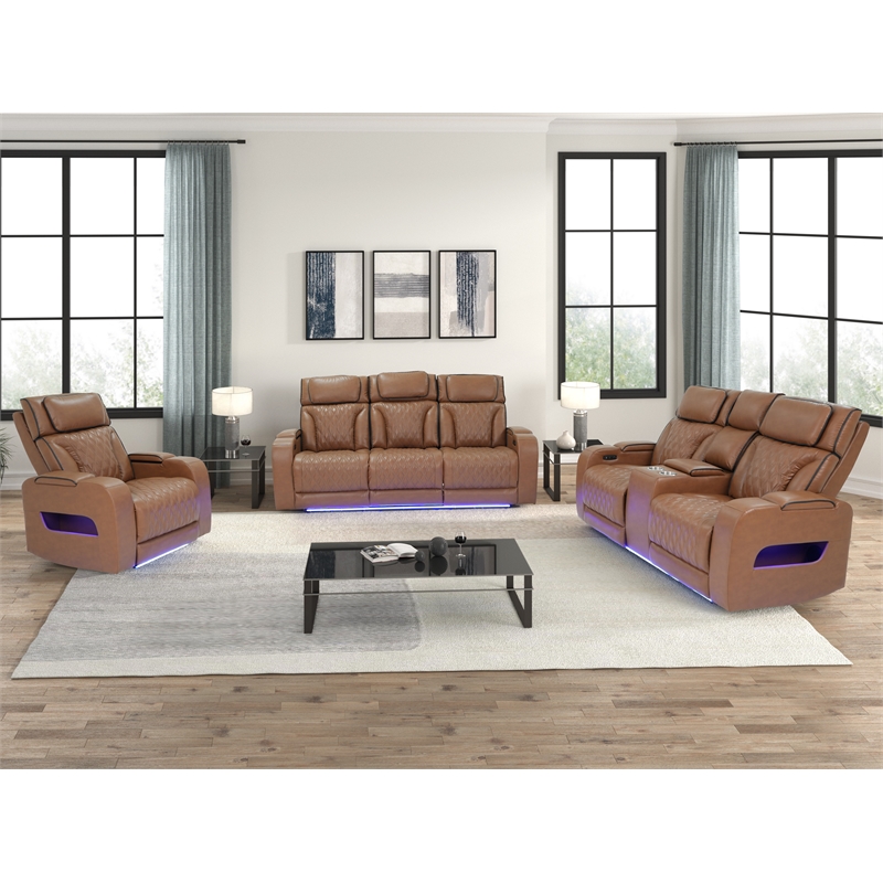 Jazz Lt Brown Faux Leather Pwr Recl. 3PC Set+BT Spkrs+LED+Wrls Chrg+USB+Cuphldrs