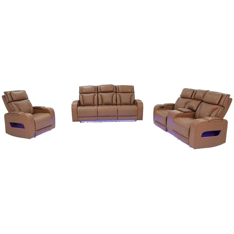 Jazz Lt Brown Faux Leather Pwr Recl. 3PC Set+BT Spkrs+LED+Wrls Chrg+USB+Cuphldrs
