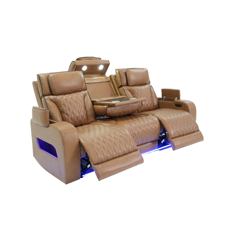 Jazz Lt Brown Faux Leather Pwr Recl. 3PC Set+BT Spkrs+LED+Wrls Chrg+USB+Cuphldrs