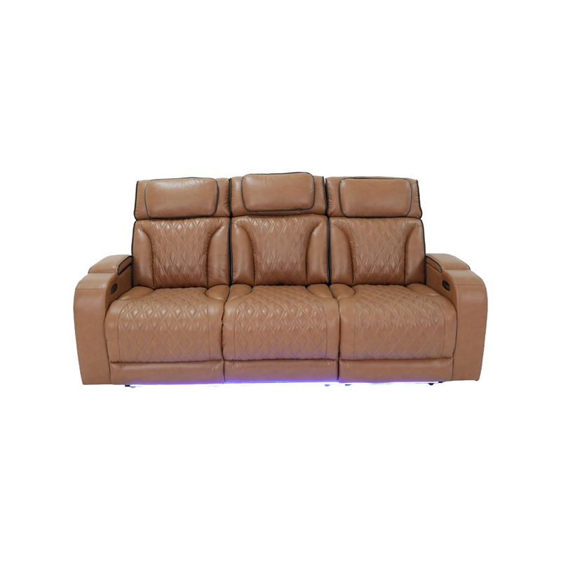 Jazz Lt Brown Faux Leather Pwr Recl. 3PC Set+BT Spkrs+LED+Wrls Chrg+USB+Cuphldrs